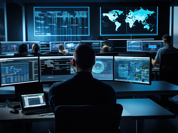 Personen im Büro mit einer Vielzahl an Monitoren - Teaserbild Webinar: Norm DIN ISO 55001:2021 Asset Management