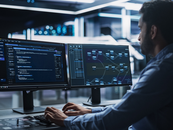 Teaserbild Webinar IT-Compliance nach ISO 37301 Person am Rechner vor zwei Bildschirmen - Teaserbild Webinar IT-Compliance nach ISO 37301